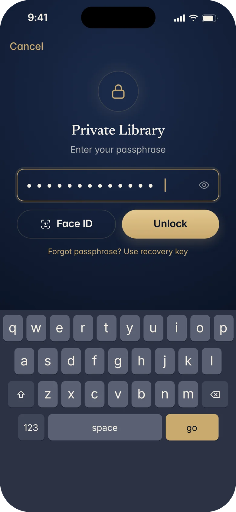 The VEIL lock screen: a single passphrase field with an Unlock button and a Face ID option.